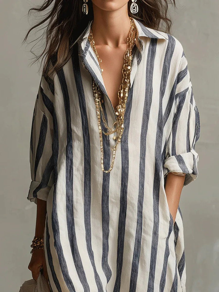 Women's Oversized Striped Linen-Blend Long-Sleeve Maxi Shirt Dress