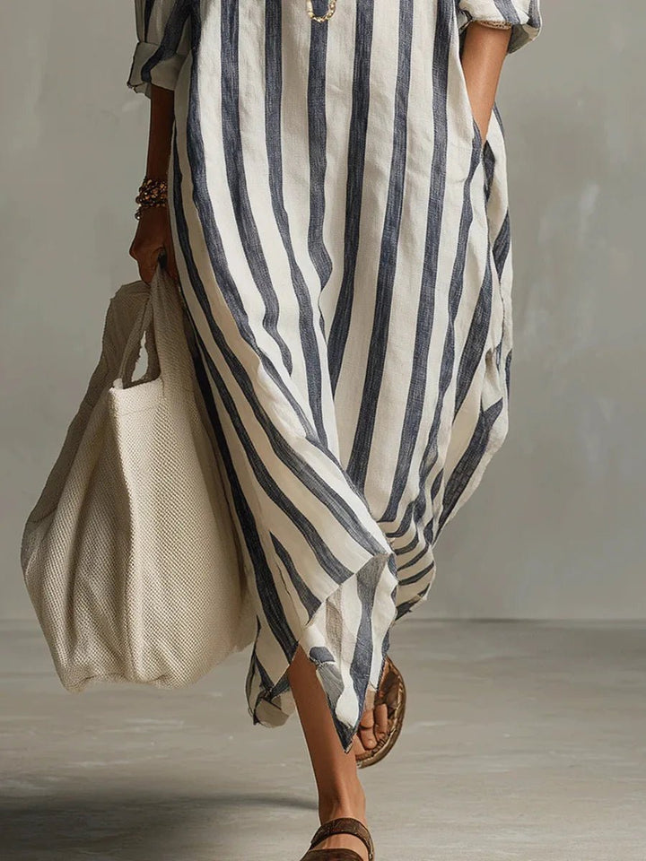 Women's Oversized Striped Linen-Blend Long-Sleeve Maxi Shirt Dress