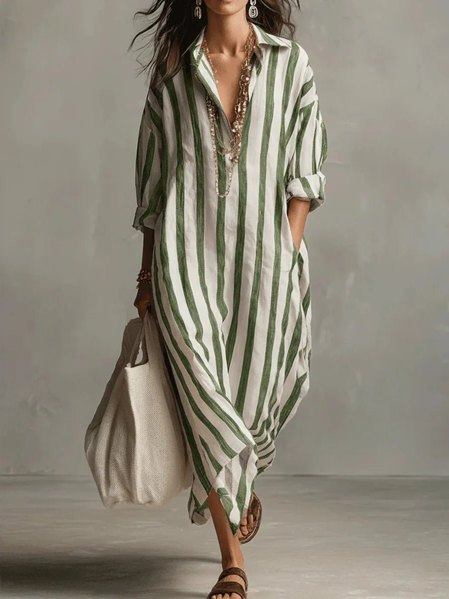 Women's Oversized Striped Linen-Blend Long-Sleeve Maxi Shirt Dress - Green