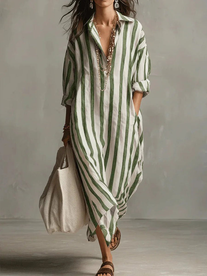 Women's Oversized Striped Linen-Blend Long-Sleeve Maxi Shirt Dress - Green