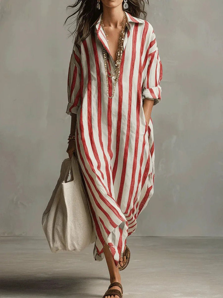 Women's Oversized Striped Linen-Blend Long-Sleeve Maxi Shirt Dress - Red