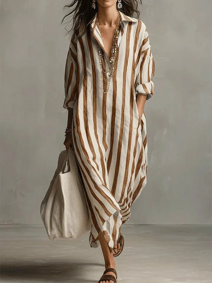 Women's Oversized Striped Linen-Blend Long-Sleeve Maxi Shirt Dress - Earthy Yellow