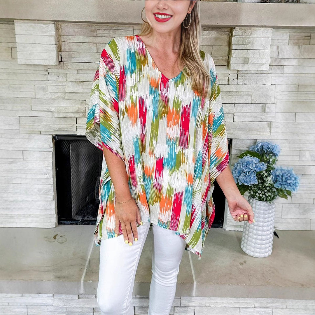 Women's Oversized V-Neck Multicolor Abstract Print Tunic Top