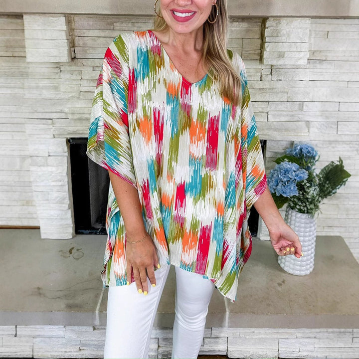 Women's Oversized V-Neck Multicolor Abstract Print Tunic Top