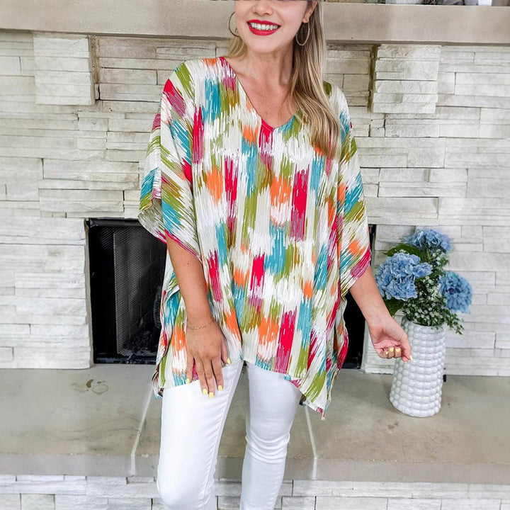 Women's Oversized V-Neck Multicolor Abstract Print Tunic Top