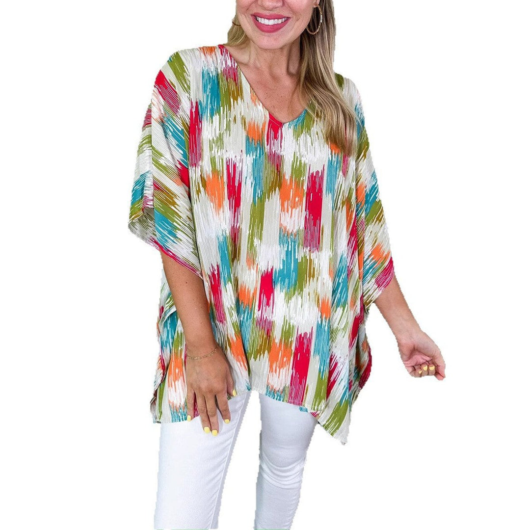 Women's Oversized V-Neck Multicolor Abstract Print Tunic Top