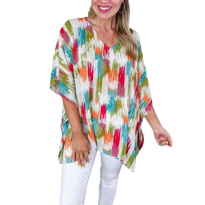 Women's Oversized V-Neck Multicolor Abstract Print Tunic Top