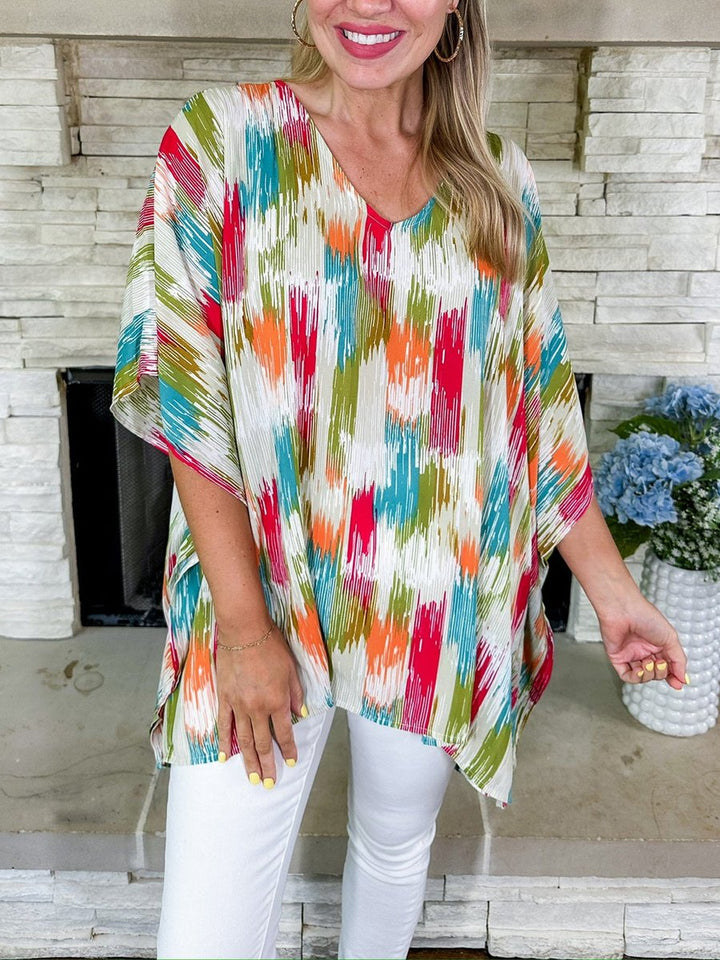 Women's Oversized V-Neck Multicolor Abstract Print Tunic Top - Bunt