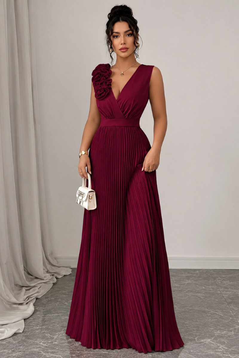 Women's Pleated A-Line Floral Applique Sleeveless Evening Gown - Deep Red