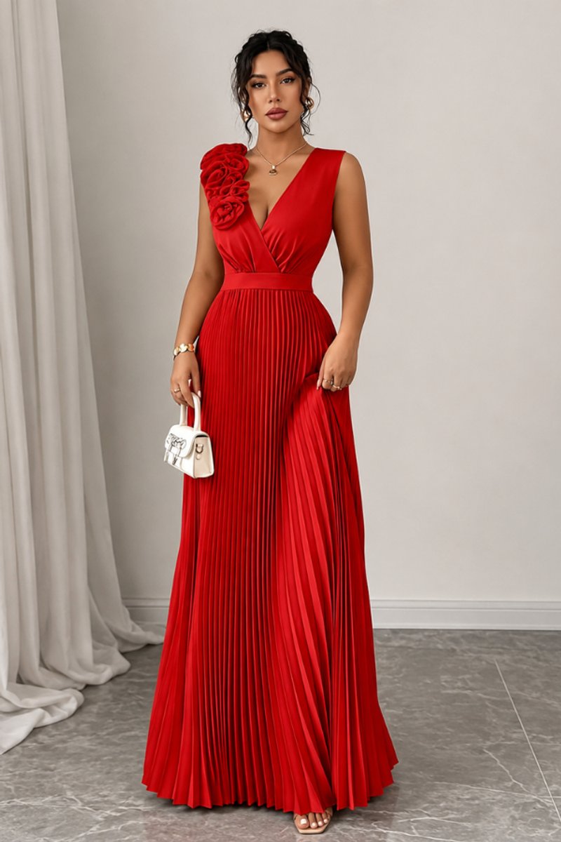 Women's Pleated A-Line Floral Applique Sleeveless Evening Gown - Red