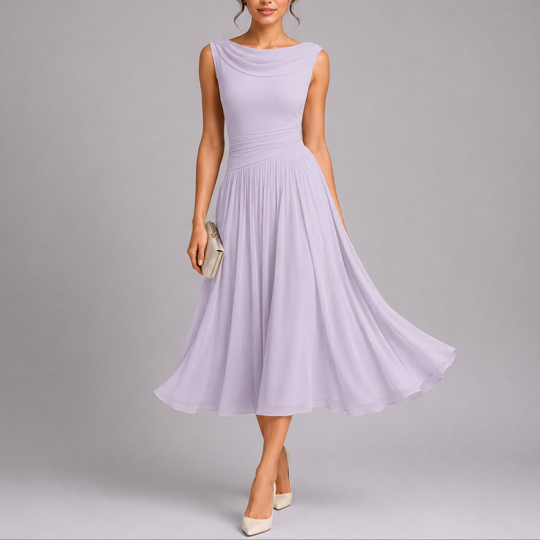 Women's Pleated Chiffon Draped-Neck Midi Fall Wedding Guest Dress - Purple