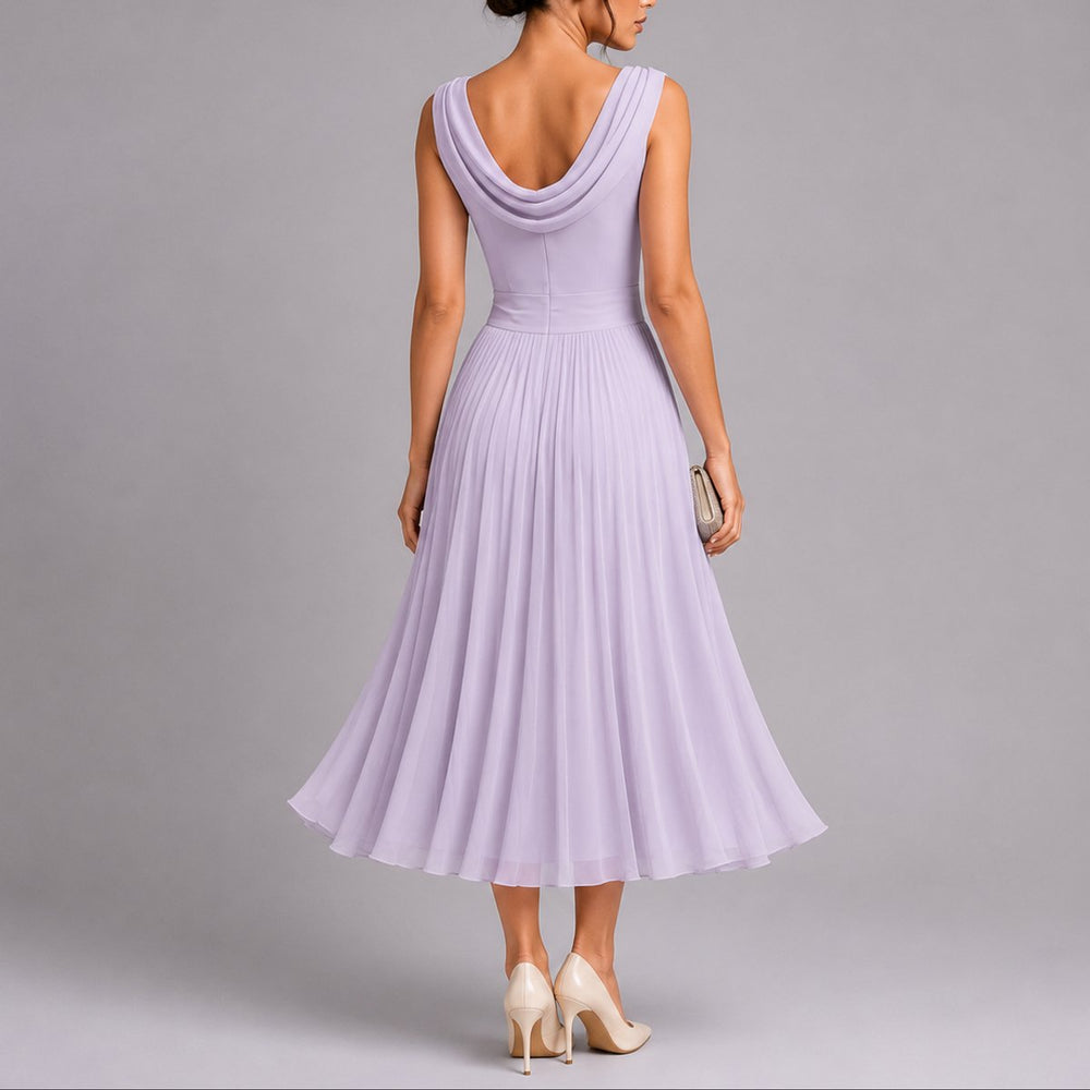 Women's Pleated Chiffon Draped-Neck Midi Fall Wedding Guest Dress
