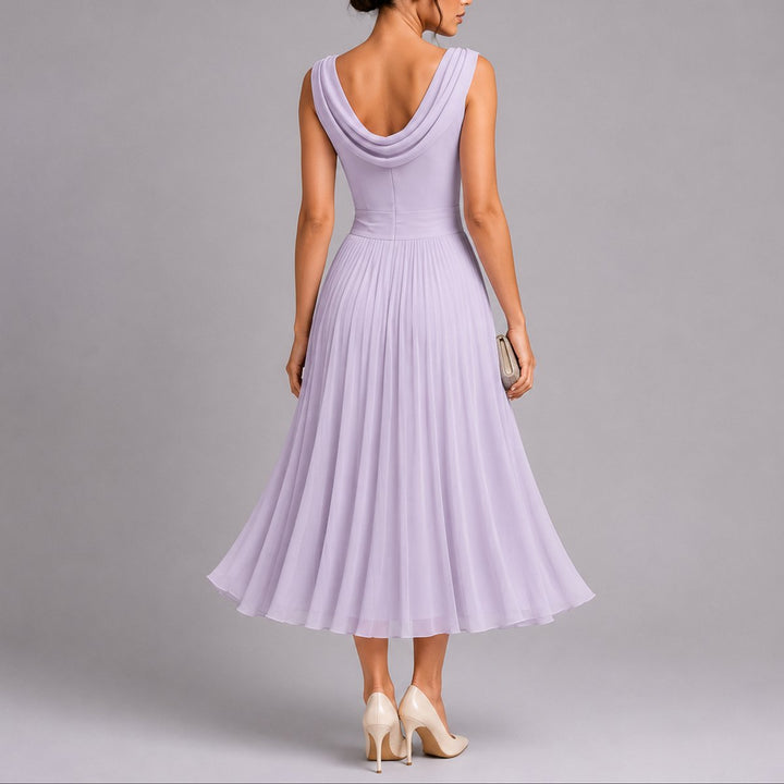 Women's Pleated Chiffon Draped-Neck Midi Fall Wedding Guest Dress