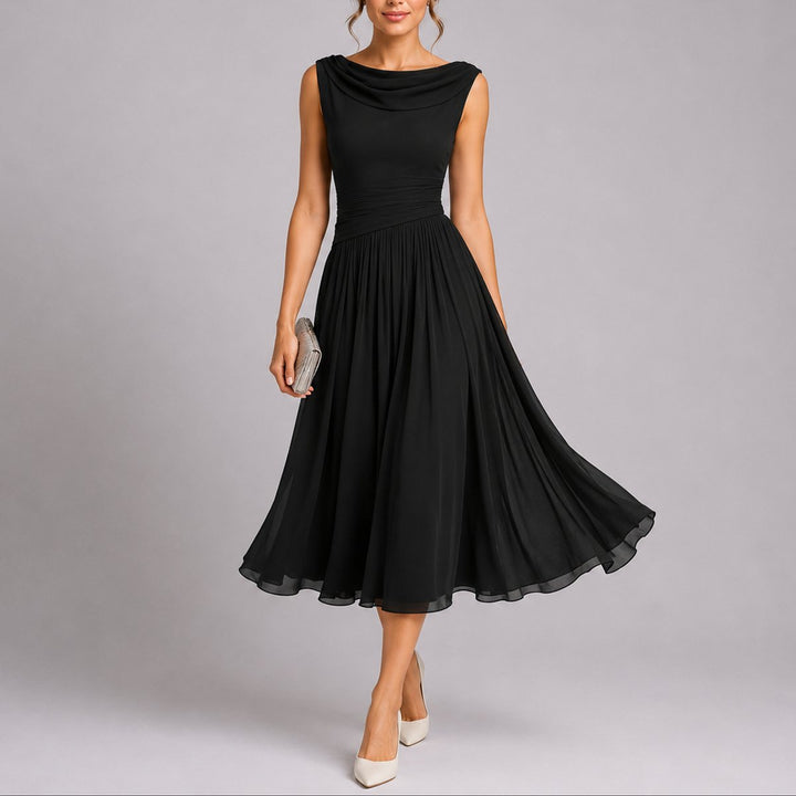 Women's Pleated Chiffon Draped-Neck Midi Fall Wedding Guest Dress - Black