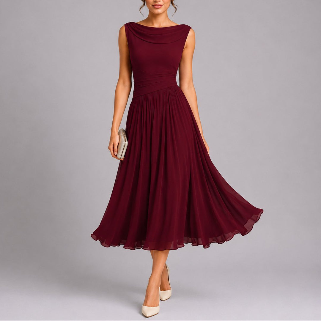 Women's Pleated Chiffon Draped-Neck Midi Fall Wedding Guest Dress - Red