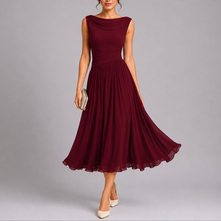 Women's Pleated Chiffon Draped-Neck Midi Fall Wedding Guest Dress - Red