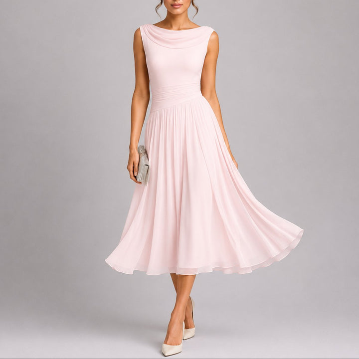 Women's Pleated Chiffon Draped-Neck Midi Fall Wedding Guest Dress - Pink