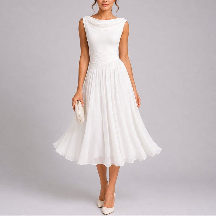 Women's Pleated Chiffon Draped-Neck Midi Fall Wedding Guest Dress - White