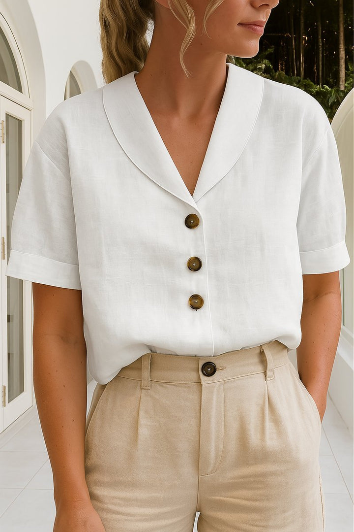 Women's Relaxed-Fit Button-Front Short-Sleeve Collared Blouse - White