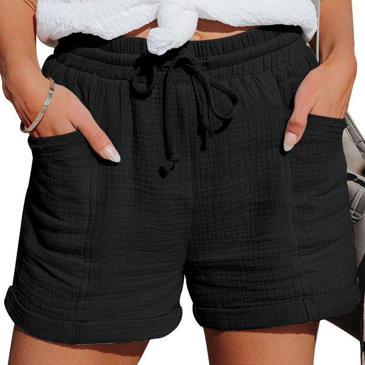 Women's Relaxed-Fit Drawstring Linen-Texture Shorts Pockets - Black