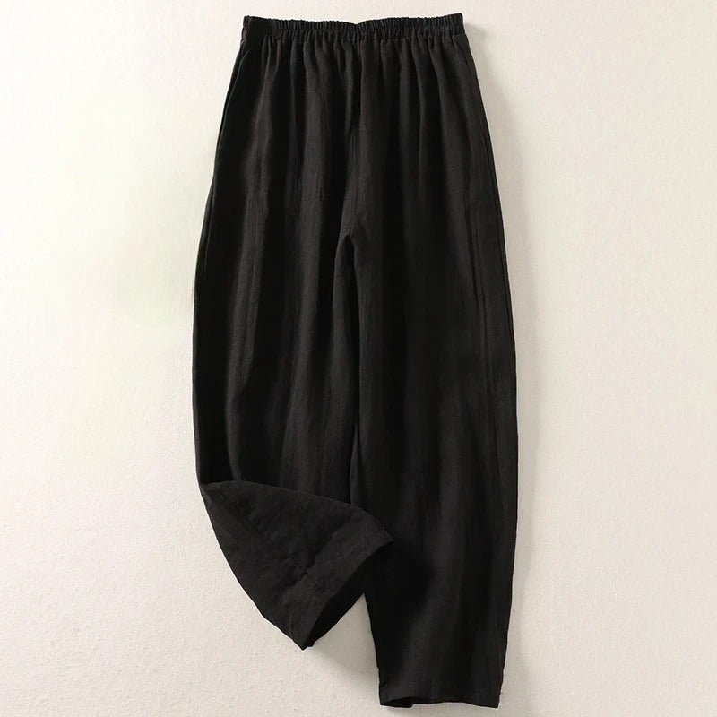Women's Relaxed-Fit Elastic-Waist Wide-Leg Linen Pants - Black