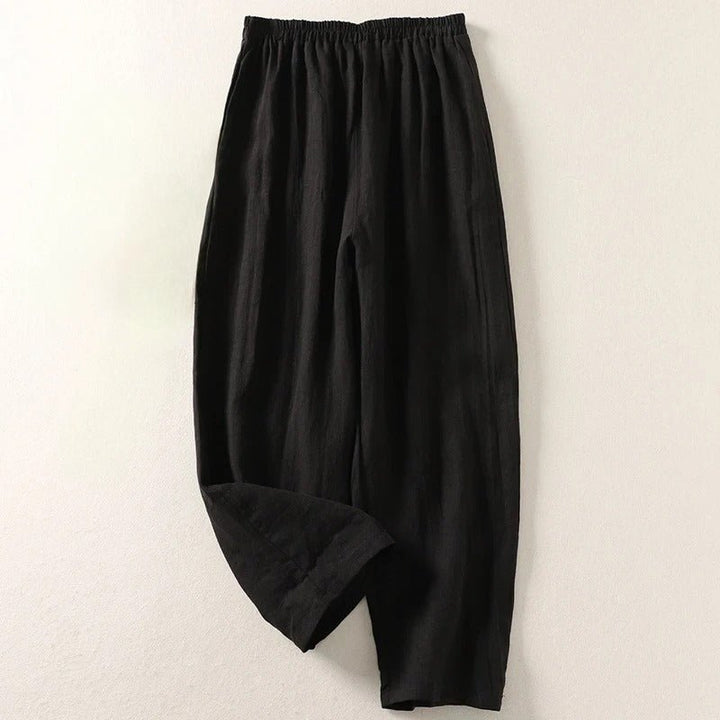 Women's Relaxed-Fit Elastic-Waist Wide-Leg Linen Pants - Black