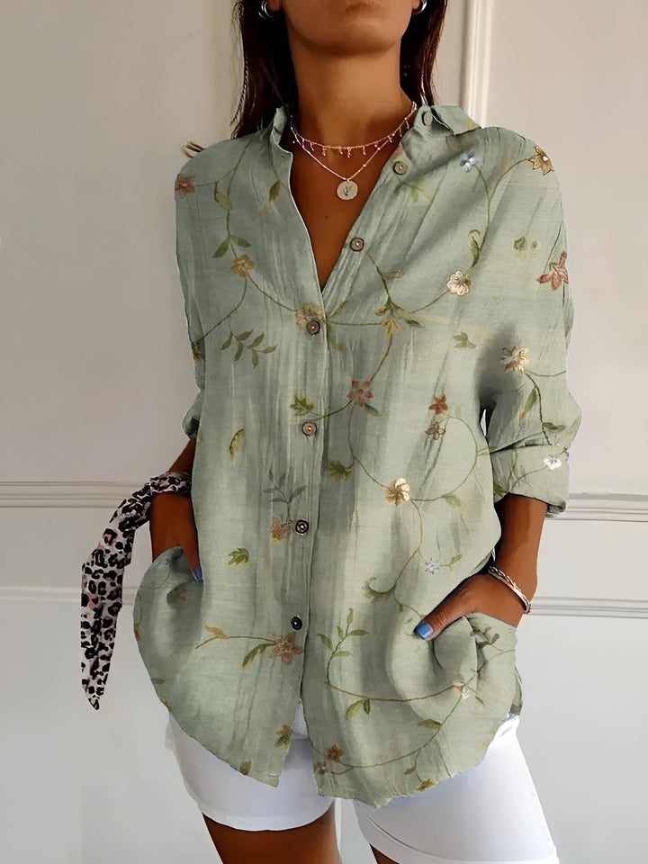 Women's Relaxed-Fit Floral Button-Down Long-Sleeve Blouse - Green