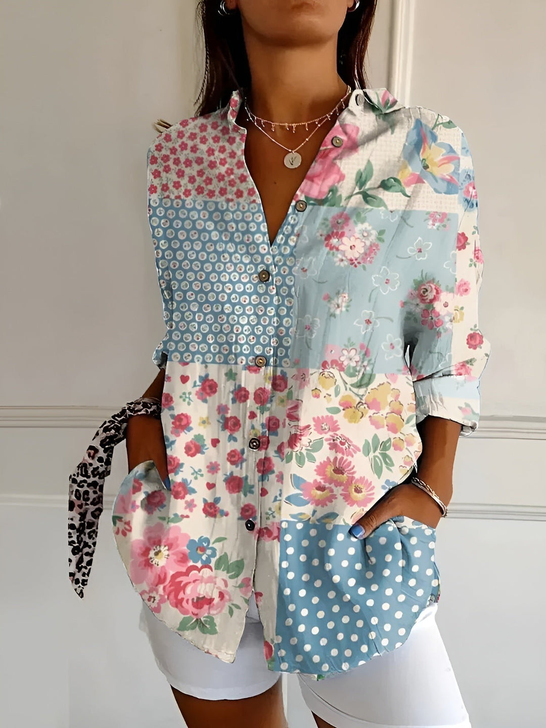 Women's Relaxed-Fit Floral Button-Down Long-Sleeve Blouse - Blue Flower