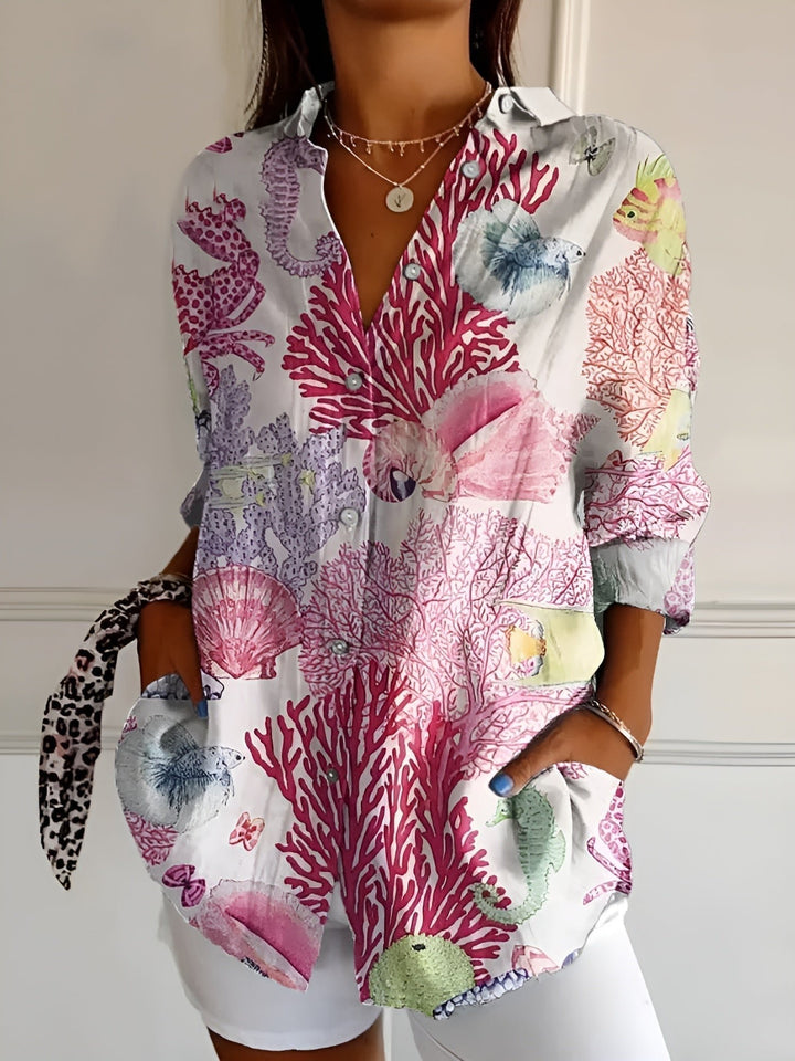 Women's Relaxed-Fit Floral Button-Down Long-Sleeve Blouse - Corals