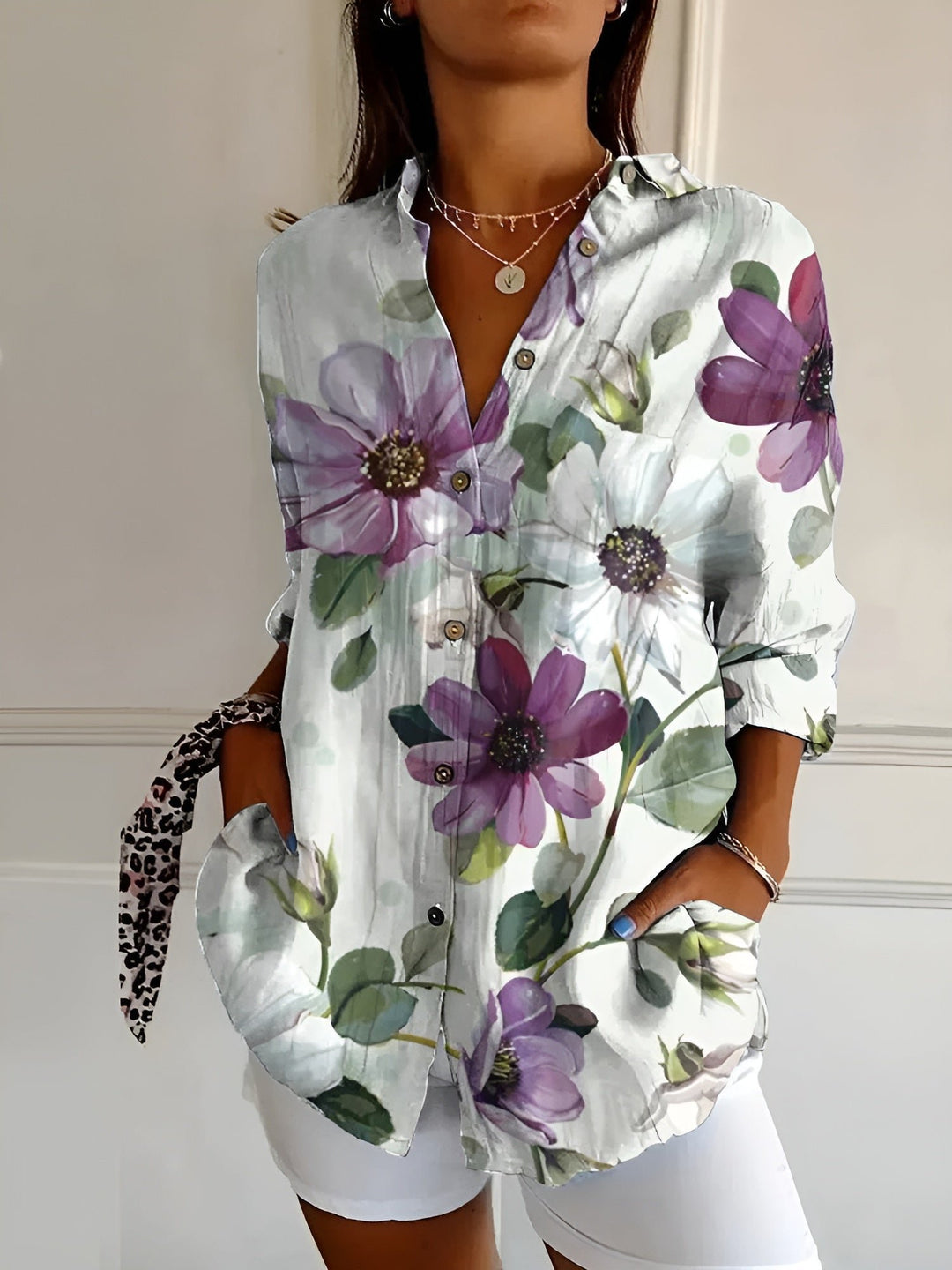 Women's Relaxed-Fit Floral Button-Down Long-Sleeve Blouse - Purple Flowers