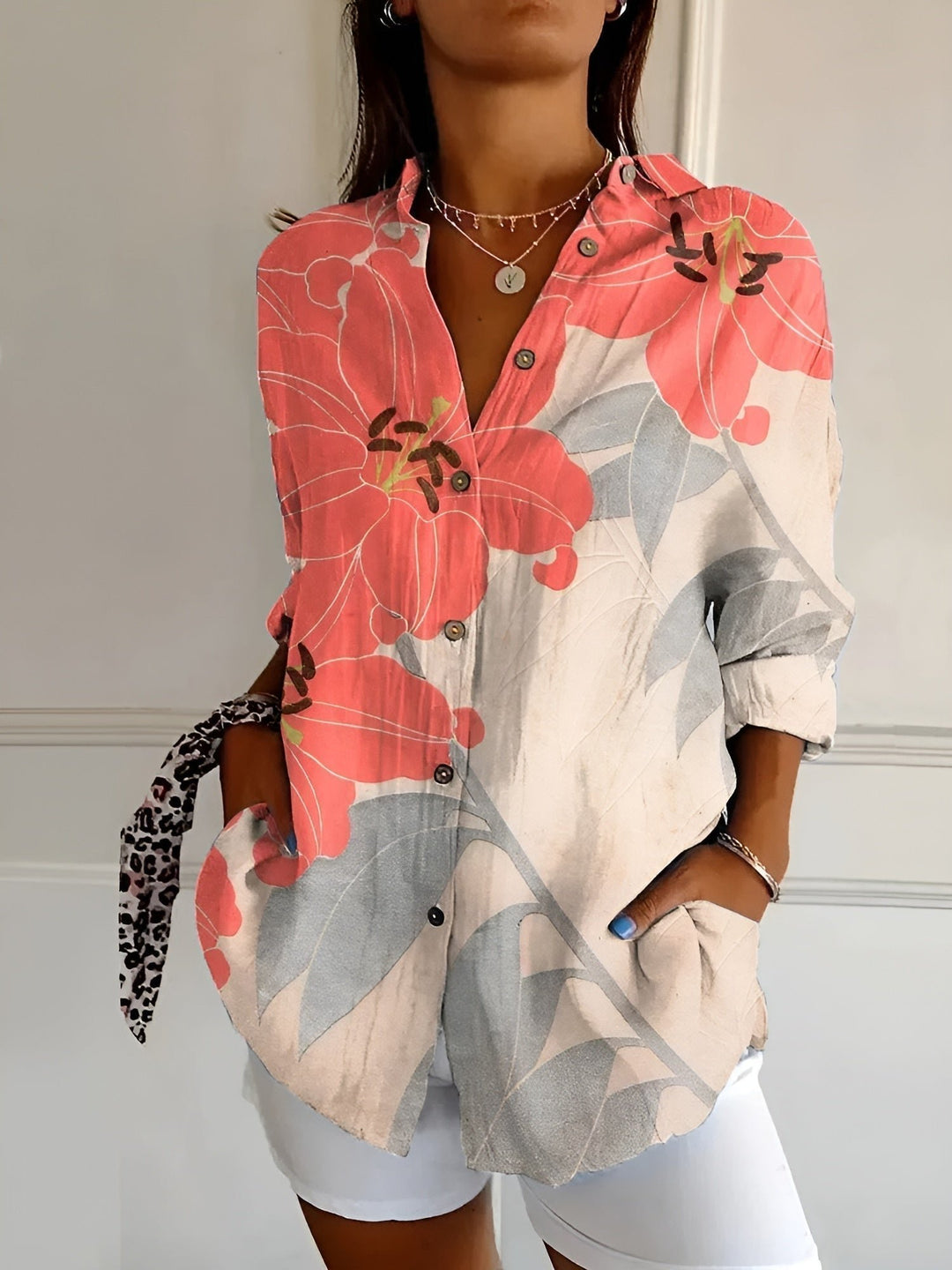 Women's Relaxed-Fit Floral Button-Down Long-Sleeve Blouse - Orange Flower