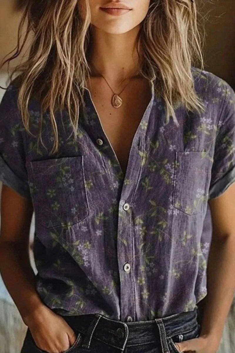 Women's Relaxed-Fit Floral Cotton Button-Down Short Sleeve Blouse