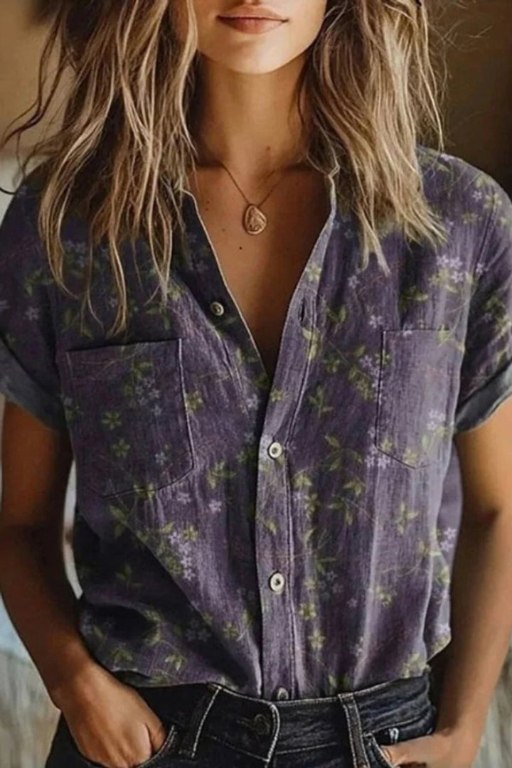 Women's Relaxed-Fit Floral Cotton Button-Down Short Sleeve Blouse