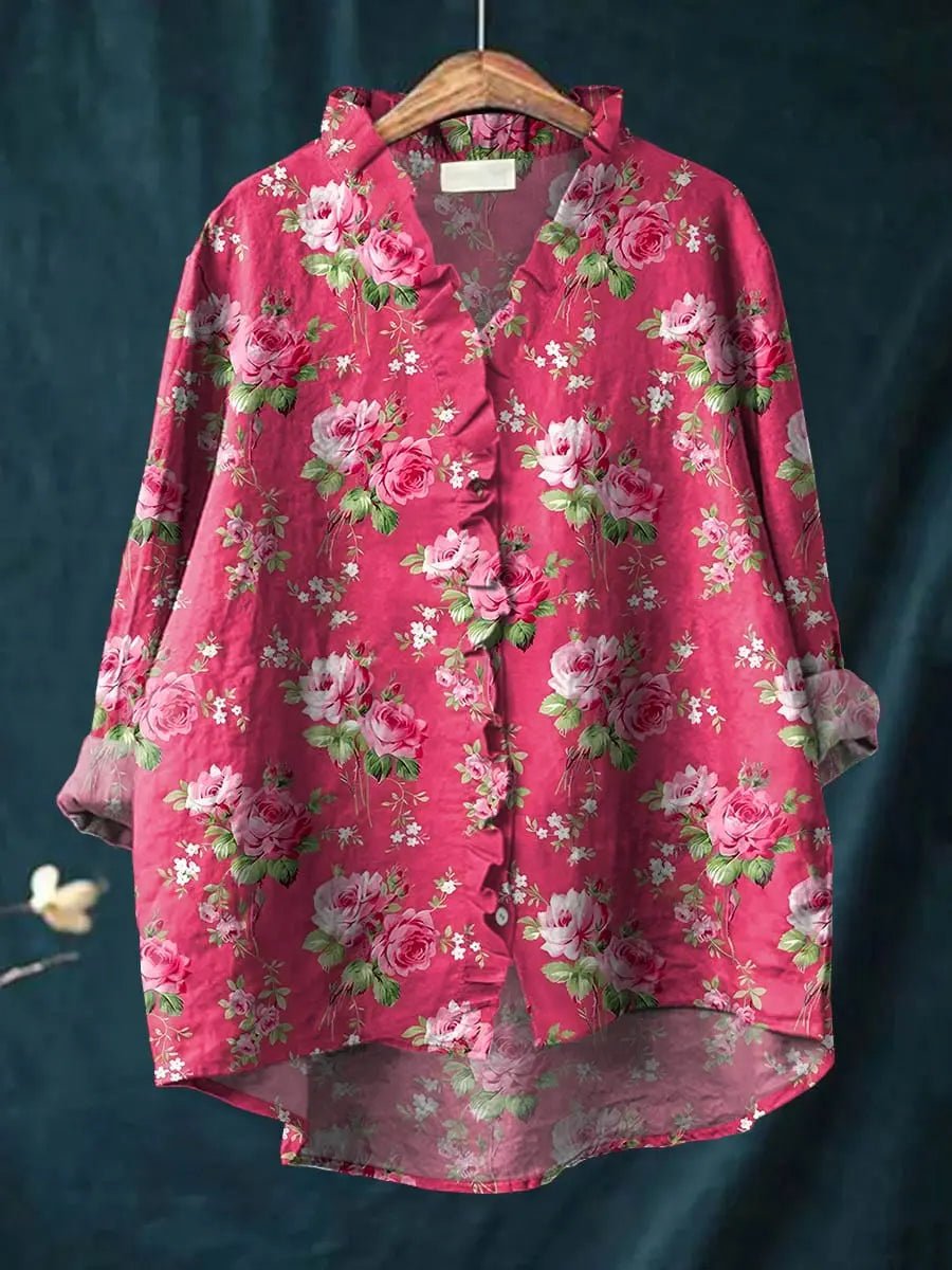 Women's Relaxed-Fit Floral Ruffle-Trim Linen-Cotton Blouse
