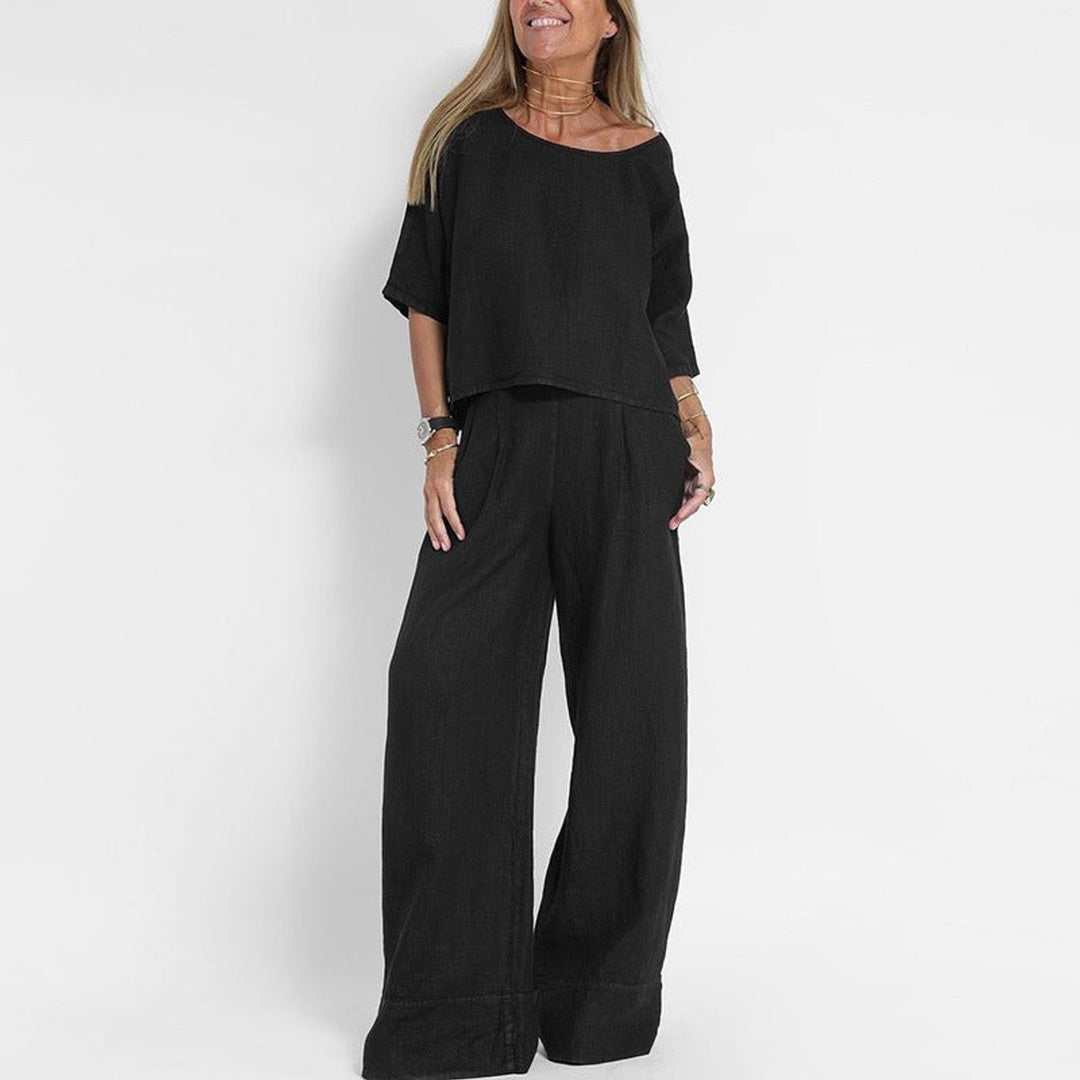 Women's Relaxed-Fit Linen Blouse Wide-Leg Two-Piece Set - Black