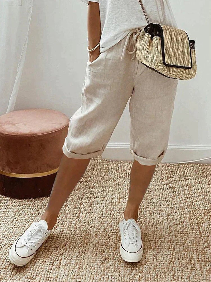Women's Relaxed-Fit Linen Drawstring Cropped Bermuda Shorts - Beige