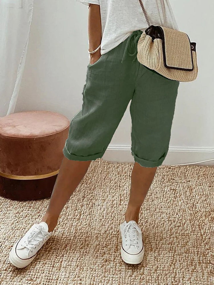 Women's Relaxed-Fit Linen Drawstring Cropped Bermuda Shorts - Army Green