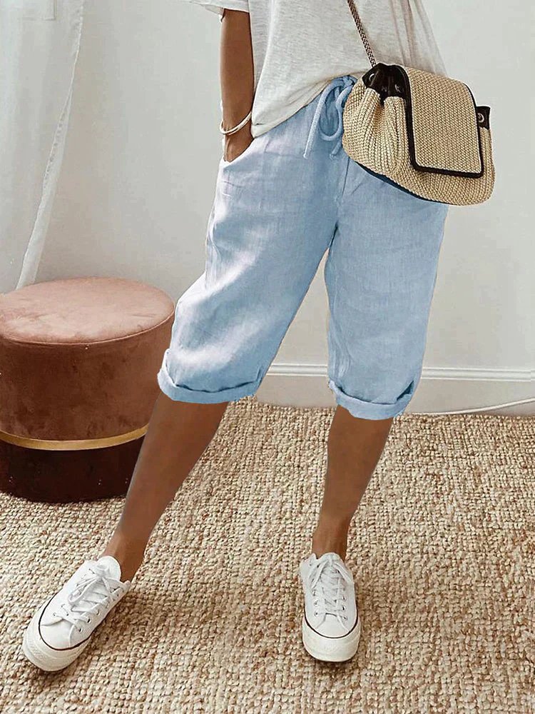 Women's Relaxed-Fit Linen Drawstring Cropped Bermuda Shorts - Light Blue