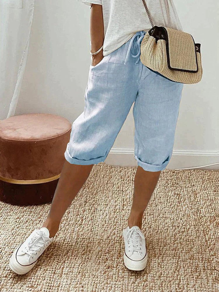 Women's Relaxed-Fit Linen Drawstring Cropped Bermuda Shorts - Light Blue