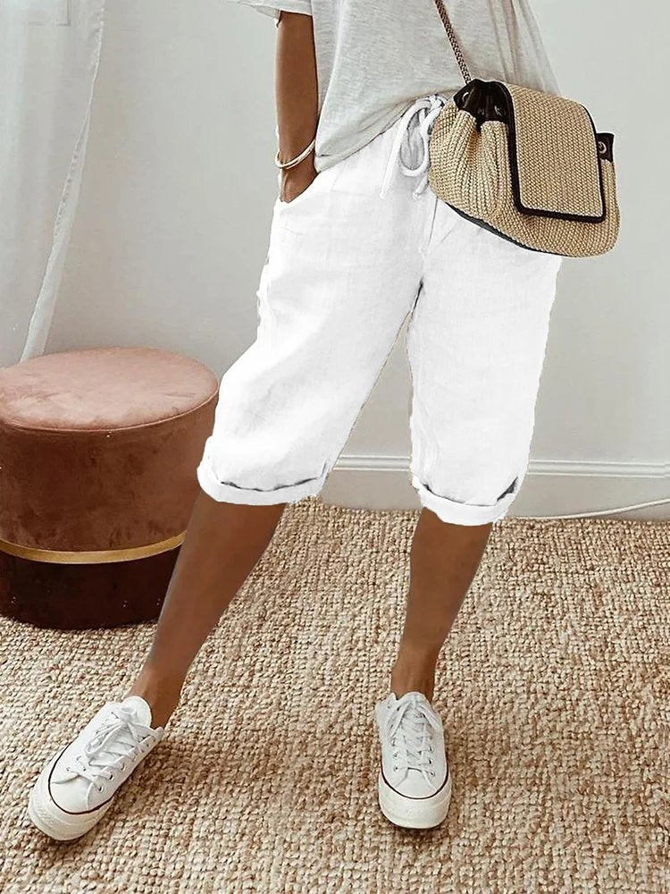 Women's Relaxed-Fit Linen Drawstring Cropped Bermuda Shorts - White