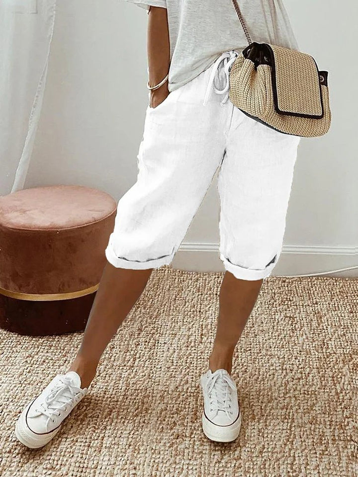 Women's Relaxed-Fit Linen Drawstring Cropped Bermuda Shorts - White