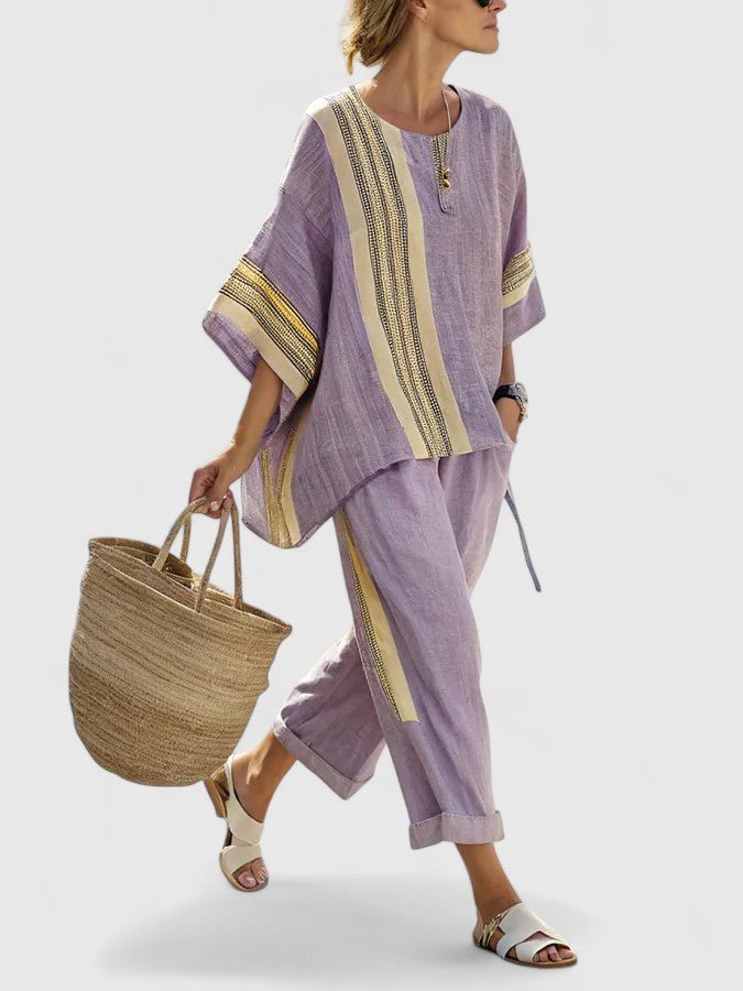 Women's Relaxed-Fit Linen-Mix Contrast-Stripe Two-Piece Pants Set - Paars