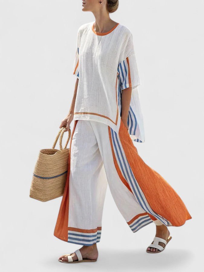 Women's Relaxed-Fit Linen-Mix Contrast-Stripe Two-Piece Pants Set - Oranje Streep