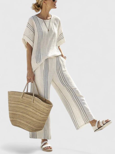 Women's Relaxed-Fit Linen-Mix Contrast-Stripe Two-Piece Pants Set - Blauwe streep