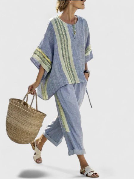 Women's Relaxed-Fit Linen-Mix Contrast-Stripe Two-Piece Pants Set - Blauw
