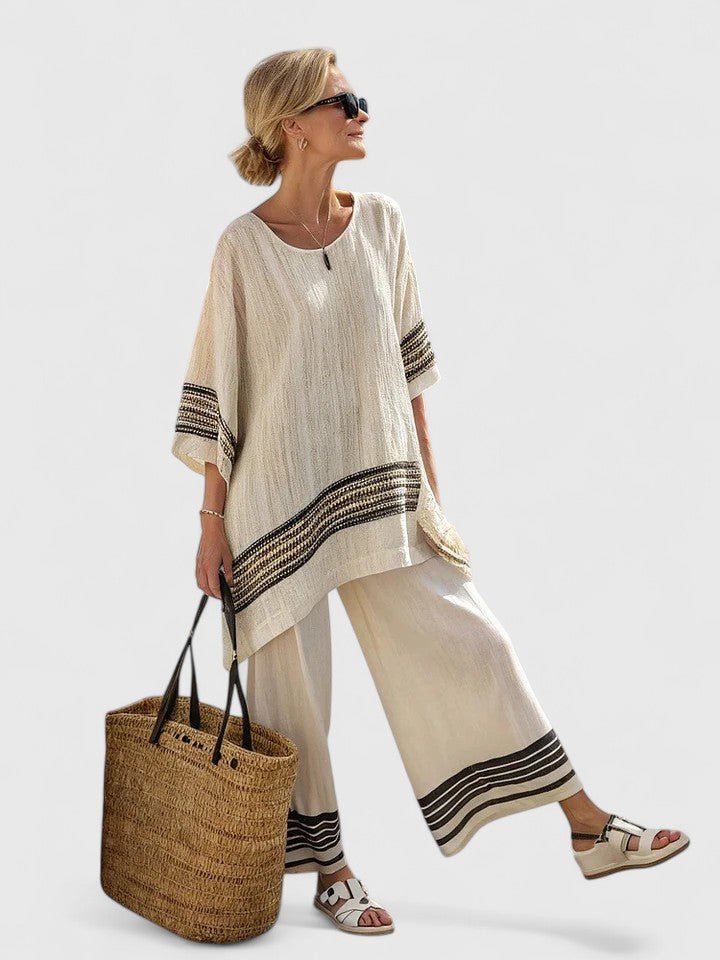 Women's Relaxed-Fit Linen-Mix Contrast-Stripe Two-Piece Pants Set - Zwarte Streep