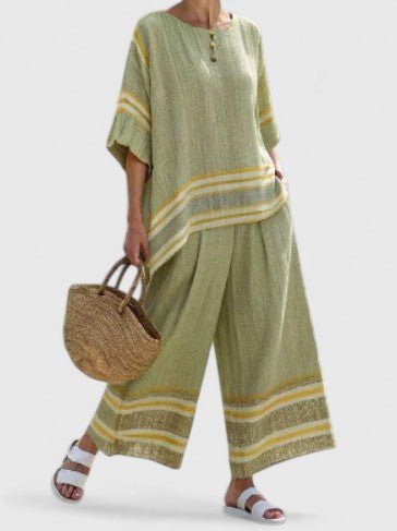 Women's Relaxed-Fit Linen-Mix Contrast-Stripe Two-Piece Pants Set - Groen