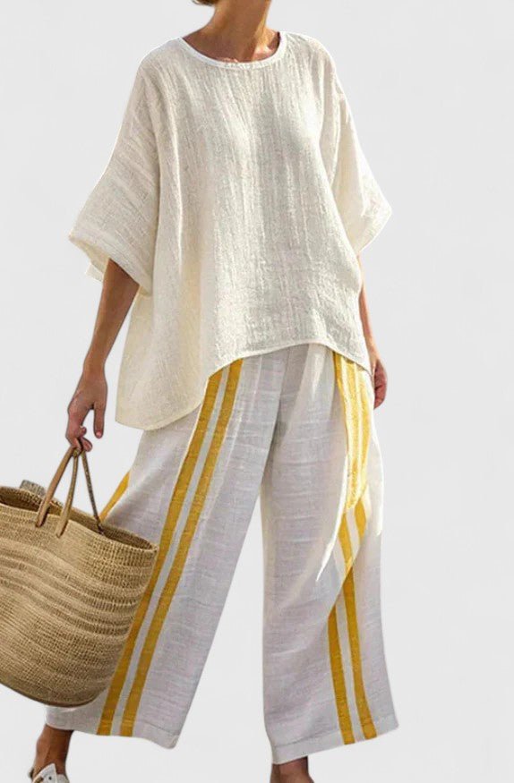 Women's Relaxed-Fit Linen-Mix Contrast-Stripe Two-Piece Pants Set - Gele Streep