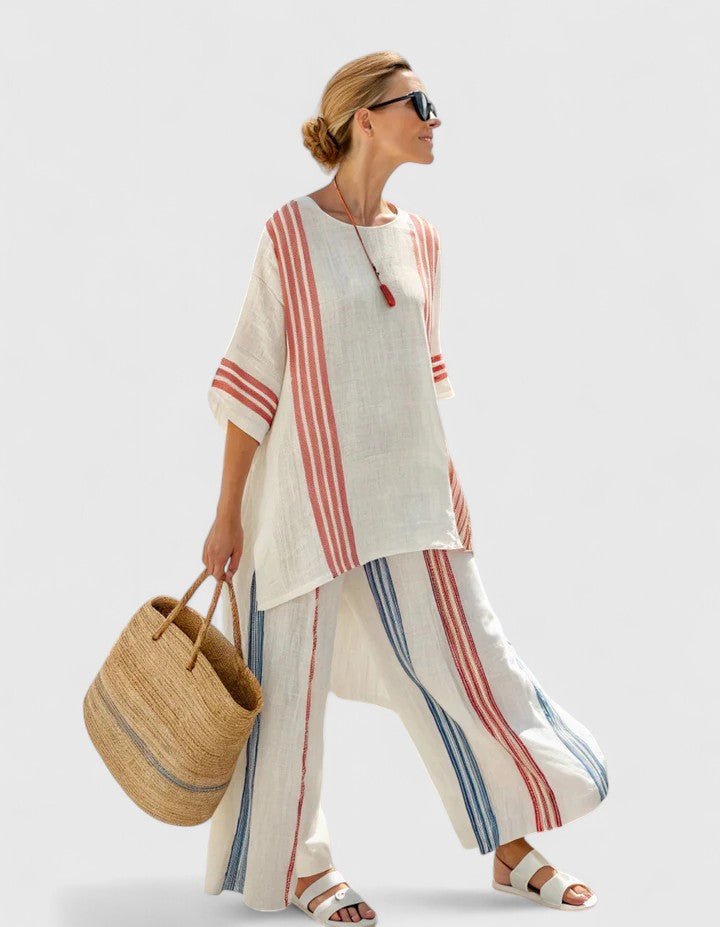Women's Relaxed-Fit Linen-Mix Contrast-Stripe Two-Piece Pants Set - Rode Streep