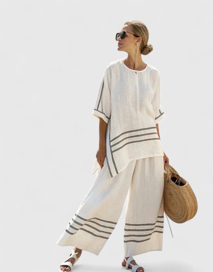 Women's Relaxed-Fit Linen-Mix Contrast-Stripe Two-Piece Pants Set - Wit